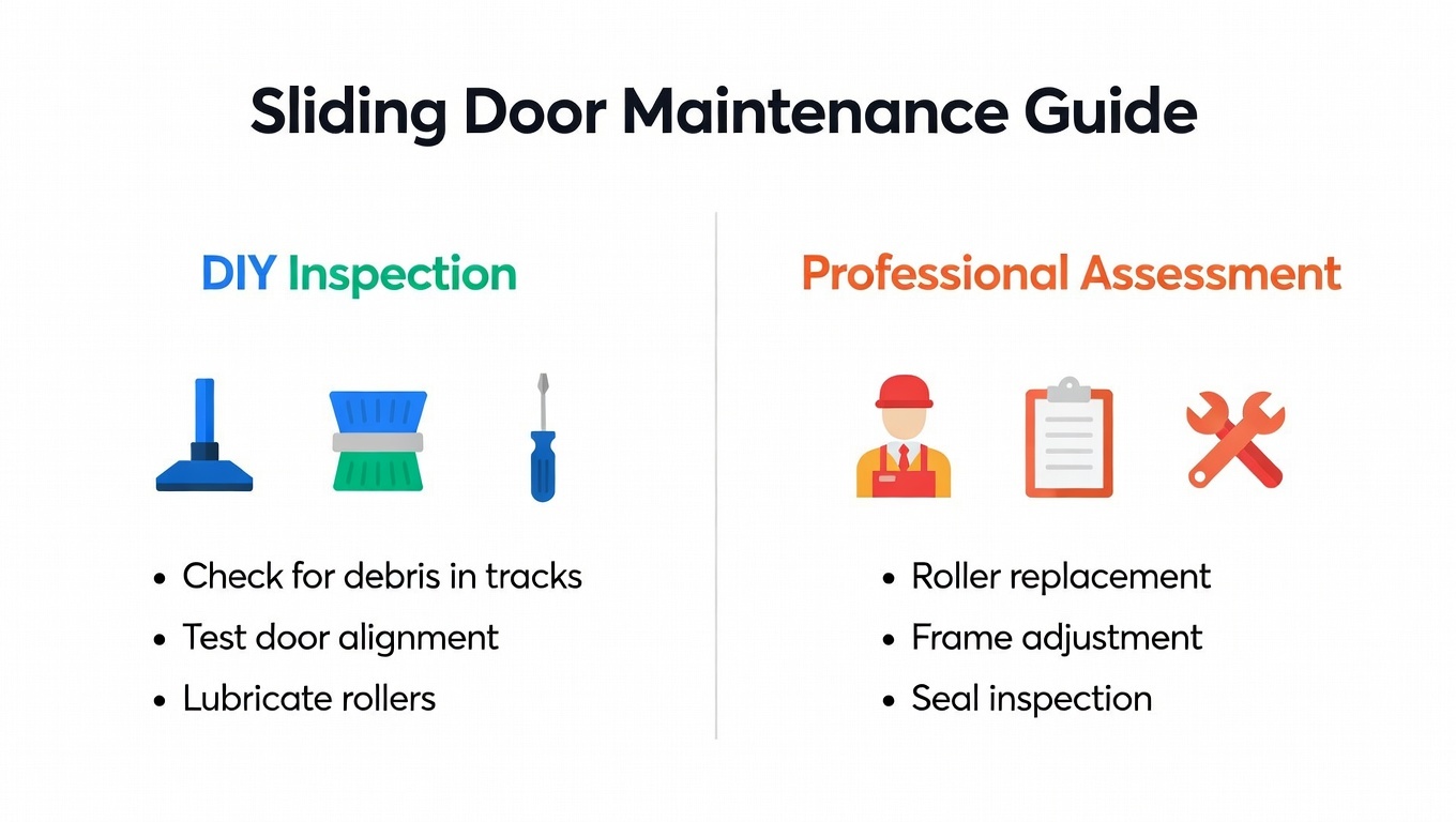 Sliding door maintenance guide infographic comparing DIY inspection and professional assessment with tools and tasks listed